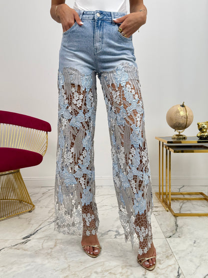 Pantalón Celeste | Encaje floral