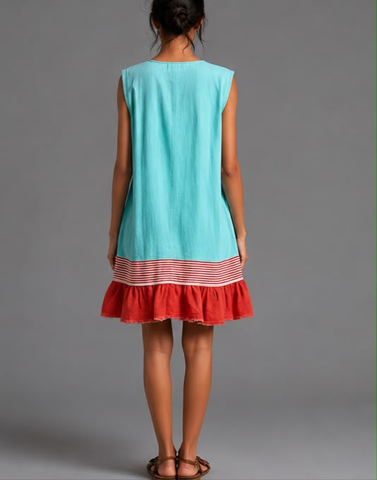 Vestido Katia | Túnica sin mangas de color azul claro con una franja roja y bajo fruncido