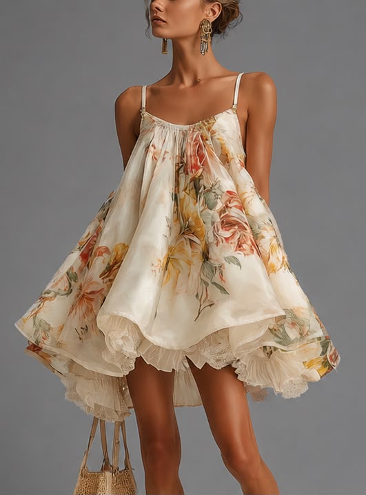 Minivestido Flora | De corte en A de organza beige con estampado floral y ribete de encaje